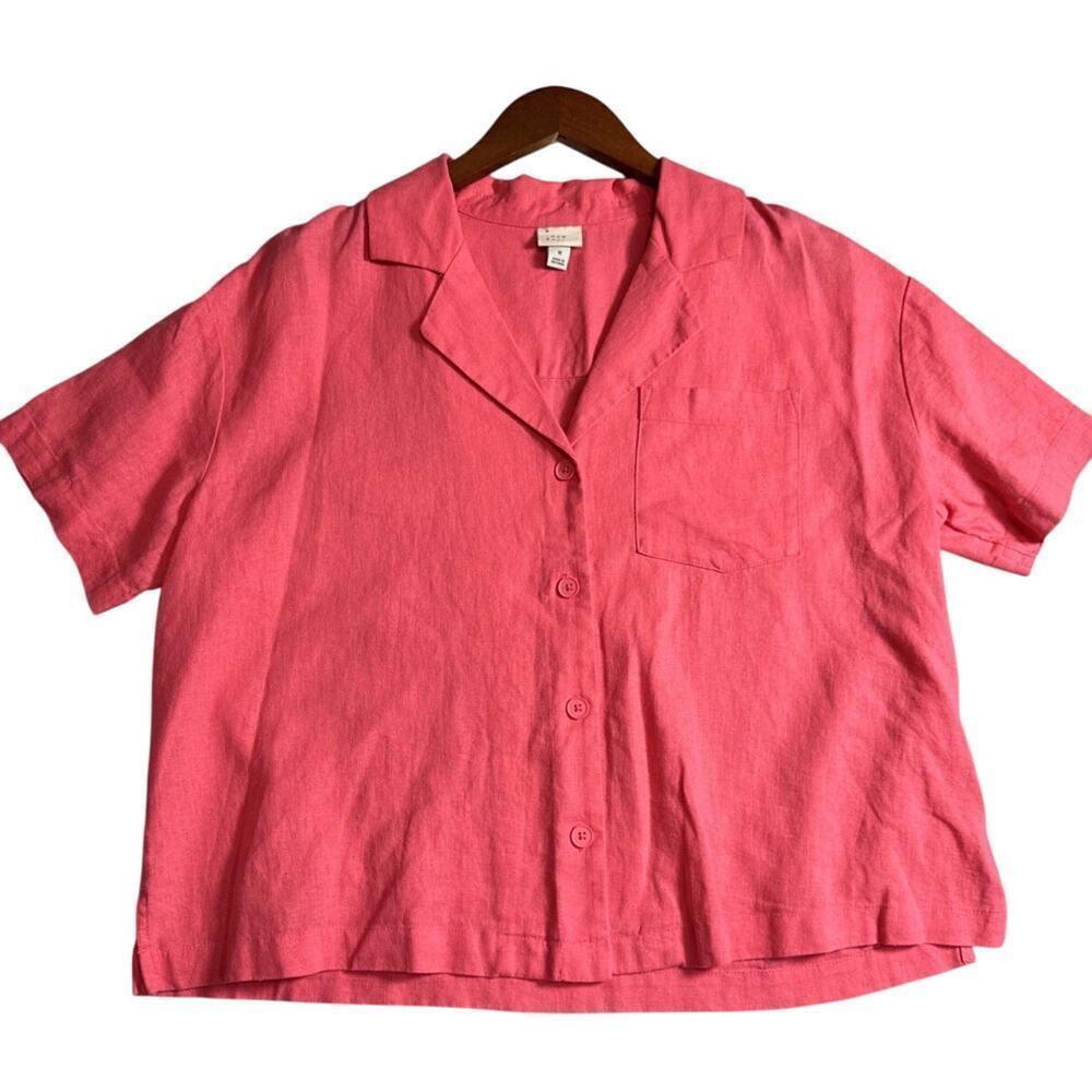 A New Day Women's Coral Pink Button Up Short Sleeve Linen Blend Camp Shirt